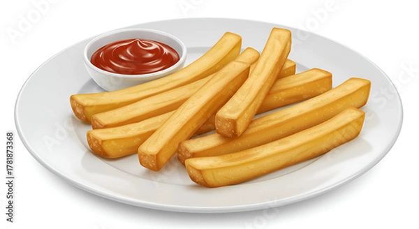 Obraz Crispy french fries served on a white plate with tasty sauce, set against a clean white background, simple and appetizing.