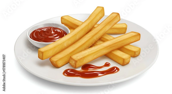 Obraz Crispy french fries served on a white plate with tasty sauce, set against a clean white background, simple and appetizing.