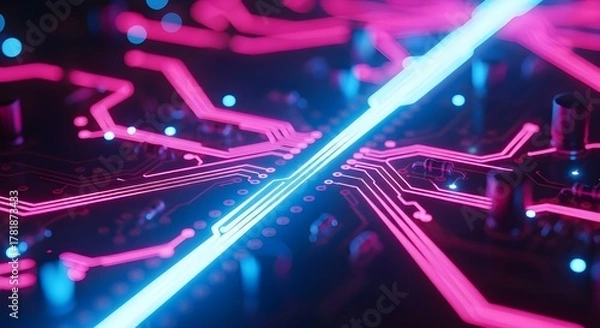 Obraz Abstract futuristic circuit board with vibrant neon blue and pink glowing lines and lights