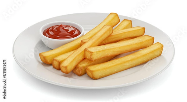 Obraz Crispy french fries served on a white plate with tasty sauce, set against a clean white background, simple and appetizing.