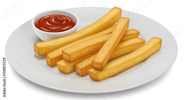 Obraz Crispy french fries served on a white plate with tasty sauce, set against a clean white background, simple and appetizing.