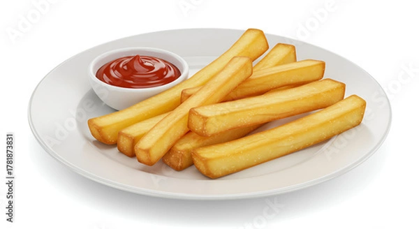 Obraz Crispy french fries served on a white plate with tasty sauce, set against a clean white background, simple and appetizing.