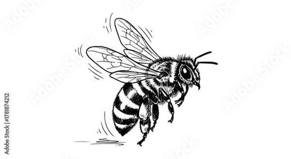 Fototapeta Detailed drawing of a bee in flight with visible wings and stripes.