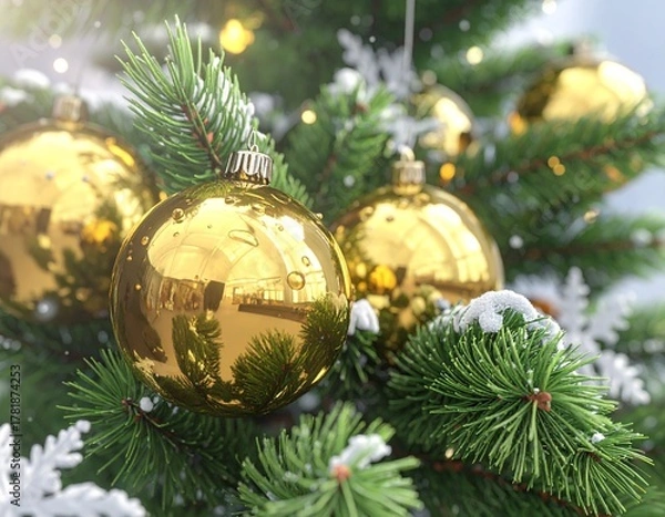 Fototapeta Realistic Close-Up of Decorated Christmas Tree with Ornaments and Lights — Festive Holiday Celebration Background