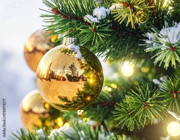 Fototapeta Realistic Close-Up of Decorated Christmas Tree with Ornaments and Lights — Festive Holiday Celebration Background
