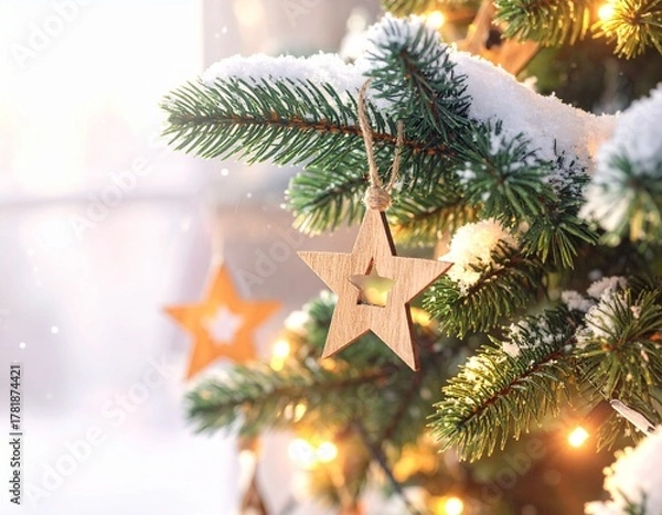 Fototapeta Realistic Close-Up of Decorated Christmas Tree with Ornaments and Lights — Festive Holiday Celebration Background