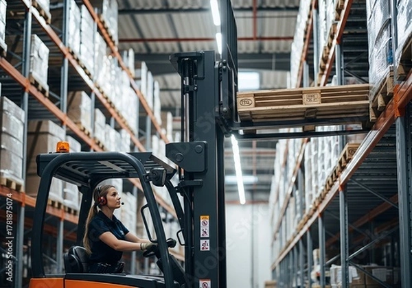 Obraz Female forklift operator lifting a pallet in a warehouse with high shelves full of boxes, showcasing industry and logistics in a modern setting.