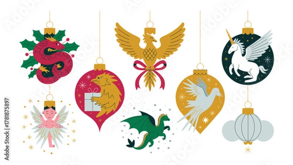 Fototapeta Festive Embellishments: Ornate hanging ornaments, a visual symphony of holiday spirit. A cluster of beautifully crafted ornaments hanging from golden strings.