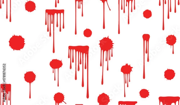 Fototapeta Red drips  splotches spread across a white background resembling blood