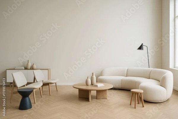Fototapeta Modern minimalist living room interior with beige curved sofa, wooden furniture and soft natural lighting in a Scandinavian inspired concept space. Ai generative