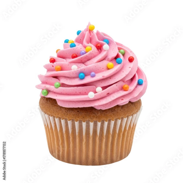 Fototapeta A delicious cupcake with pink frosting and colorful sprinkles, perfect for a celebration.