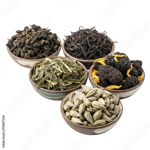 Fototapeta Five small bowls filled with different types of tea leaves and seeds, a food photography.