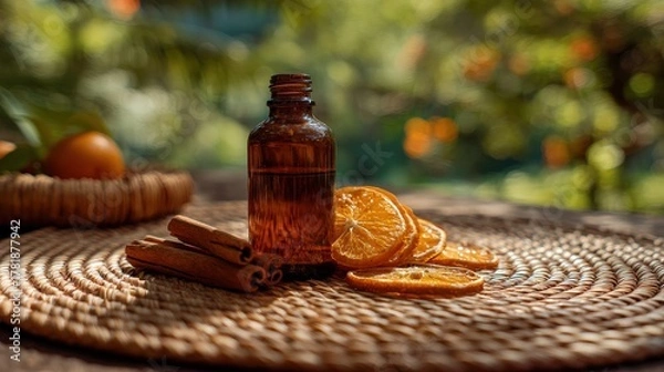 Fototapeta Amber essential oil bottle with dried oranges and cinnamon sticks on a wicker table.