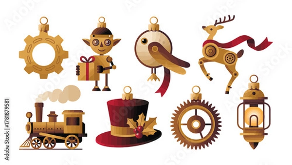 Fototapeta Steampunk Christmas Decorations: A collection of meticulously crafted, festive steampunk ornaments, each a unique blend of vintage charm and mechanical ingenuity.