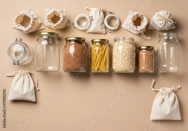 Obraz Glass jars and cotton bags displayed on beige surface promoting zero waste lifestyle with sustainable and ecofriendly alternatives, creating a mindful and conscious living concept.