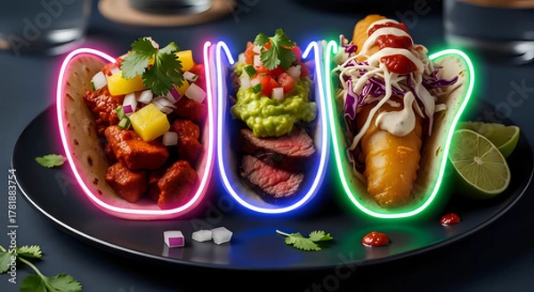 Obraz Tantalizing neon tacos trio, vibrant street food fiesta, modern Mexican cuisine, culinary delight with fresh toppings and zesty flavors, perfect for foodies