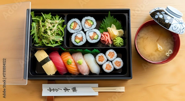 Obraz Enjoy delicious sushi bento box with fresh rolls, salad, and flavorful miso soup for a delightful and satisfying Japanese cuisine experience today