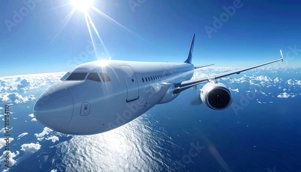 Fototapeta Airplane Flying Above Clouds Under Sun in Blue Sky With Wings and Engine, Travel Concept