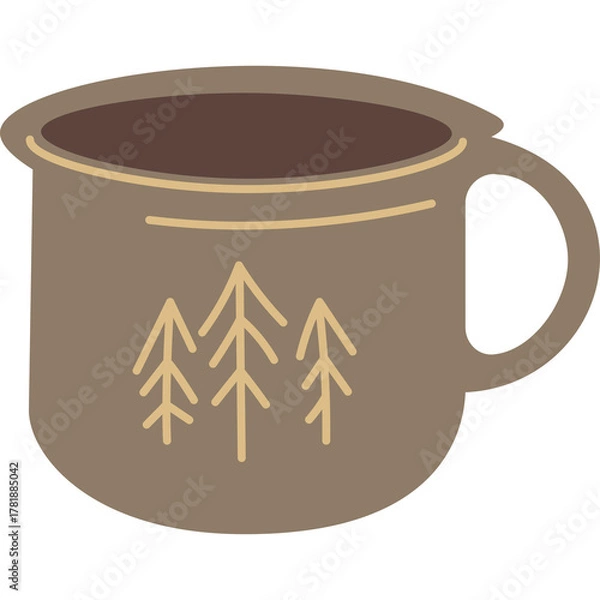 Fototapeta Cozy Brown Camp Mug With Pine Tree Illustration And Light Brown Rim On White Background Ideal For Outdoor Adventures