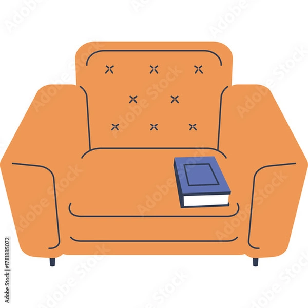 Fototapeta Cozy Orange Armchair With A Blue Book Resting On The Seat Indoors Ready For Reading And Relaxation With Soft Natural Lighting