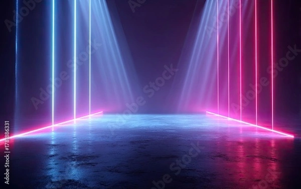 Fototapeta Abstract dark room with vibrant blue and pink neon lights, concrete floor, spotlights