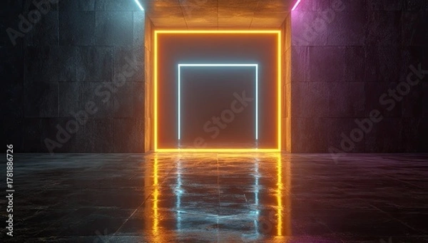 Fototapeta Dark room with concrete walls and floor, illuminated by vibrant neon square frames