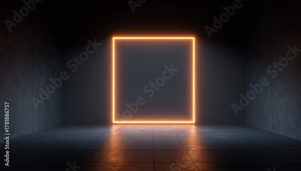 Fototapeta Abstract dark concrete room with a bright orange neon glowing square portal or frame