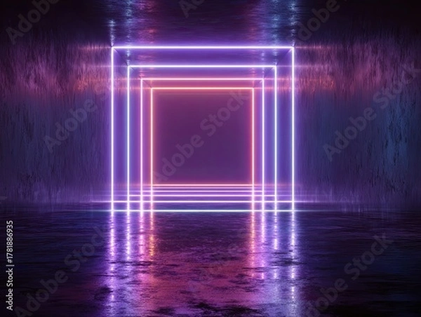 Fototapeta Abstract dark room with a tunnel of receding glowing neon squares, reflecting on dark floor
