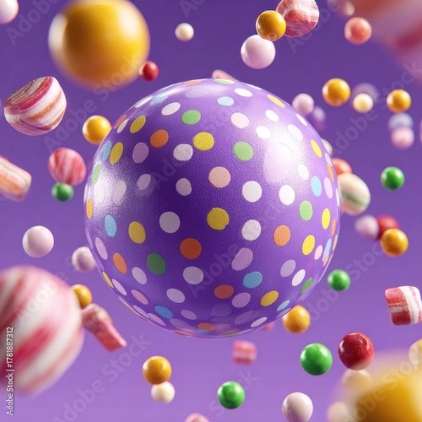 Fototapeta Colorful candies and spheres, including a large polka-dotted one, float in a vibrant scene