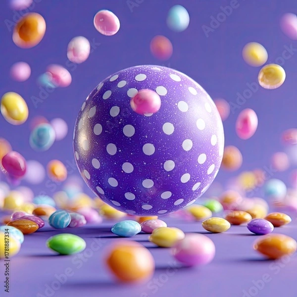 Fototapeta Vibrant scene of a floating spotted sphere surrounded by colorful candies on purple