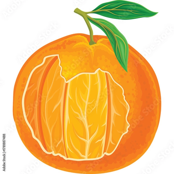 Fototapeta A Bright Orange Citrus Fruit With Green Leaves And Stem Peeled Open To Reveal Juicy Segments Against A Transparent Background