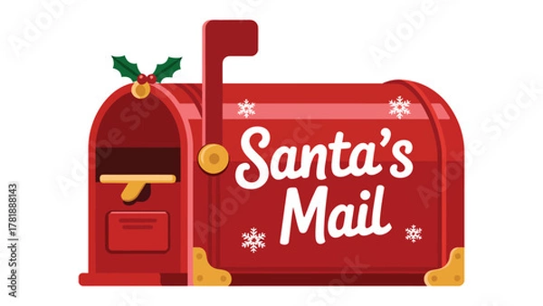 Fototapeta Santa's Mailbox: A festive illustration of Santa's mail box, designed in classic red hue, adorned with snowflakes and holly. It encapsulates the magic of the holiday season.