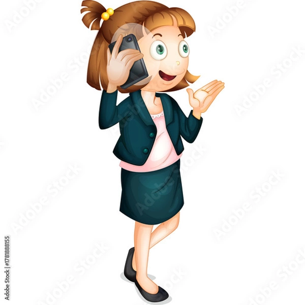 Fototapeta Cartoon Businesswoman Speaking on Mobile Phone Wearing Dark Teal Suit and Pink Blouse with Light Brown Hair and Ponytail on Transparent Background