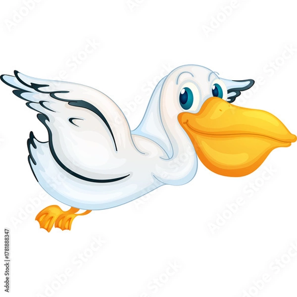Fototapeta Cartoon Pelican Bird With Yellow Beak and Orange Feet Flying With Blue Eyes and White Feathers In A Transparent Background
