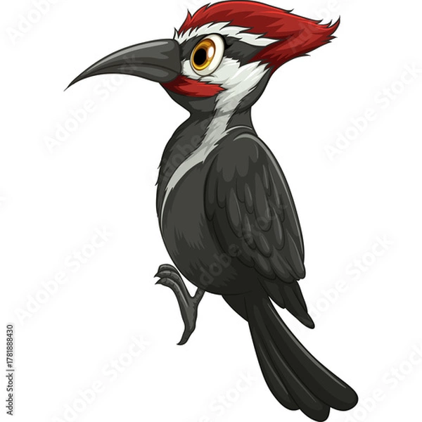 Obraz Cartoon Pileated Woodpecker Bird Perched On A Branch With Red Crest And White Stripe On Its Chest And Black Feathers Isolated On Transparent Background