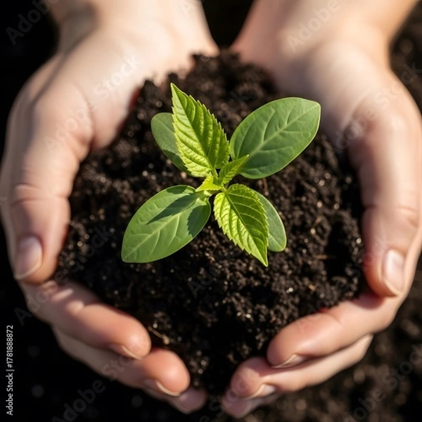 Fototapeta Nurturing new life, hands cradle delicate sprout emerging from rich soil