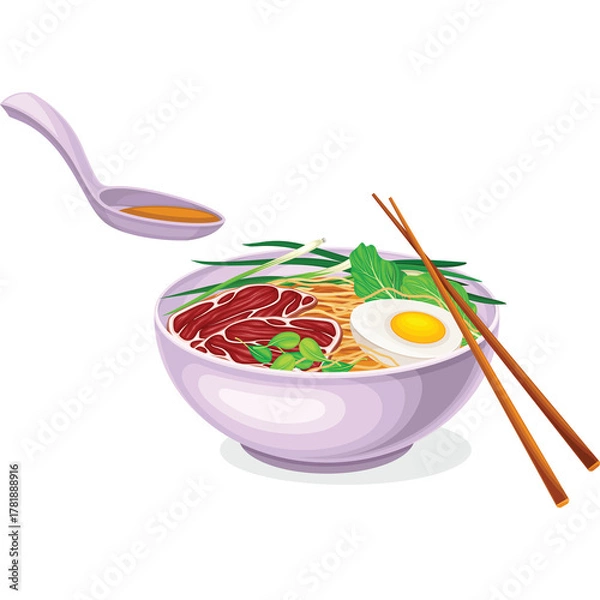 Fototapeta A Bowl Of Traditional Ramen Noodles With Sliced Beef Egg Green Onions And Bok Choy Served With A Spoonful Of Broth And Chopsticks Isolated On A White Background