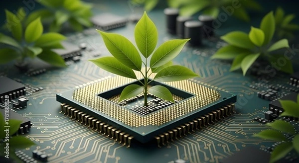 Obraz Green technology concept with a plant growing from a computer processor surrounded by circuit boards and leaves