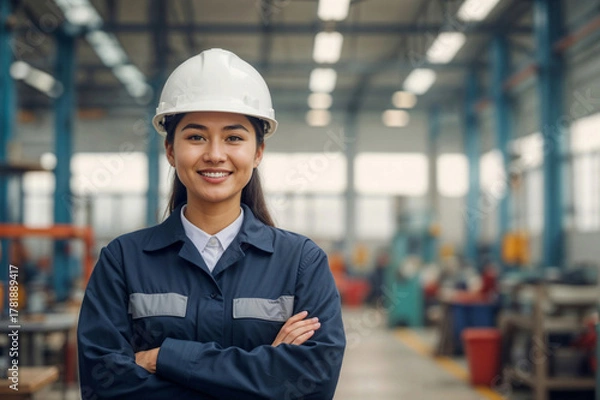 Obraz Happy Asian woman engineer in work uniform, helmet stands at factory, technician in manufacturing, workplace, industrial job