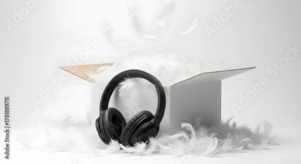 Fototapeta Unboxing pure sound immersion with plush headphones and ethereal feathers
