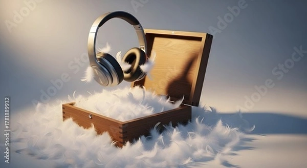 Fototapeta Experience pure sound bliss with floating headphones surrounded by soft feathers