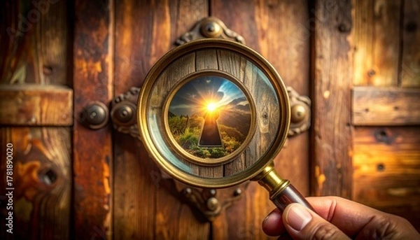 Obraz Magnifying Glass on Keyhole Revealing Sunny Landscape and Hope