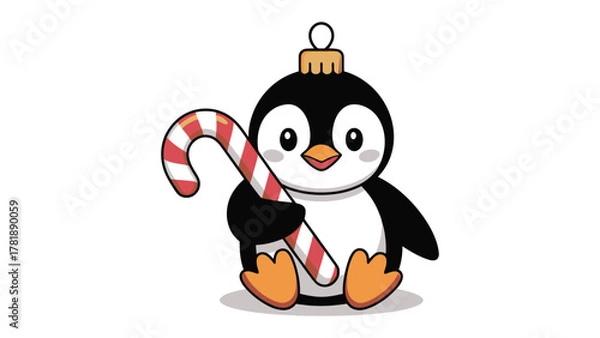 Fototapeta Cute Penguin with Candy Cane: A charming cartoon penguin, adorned with an ornamental top, joyfully holds a delightful candy cane, exuding holiday cheer and whimsical delight.
