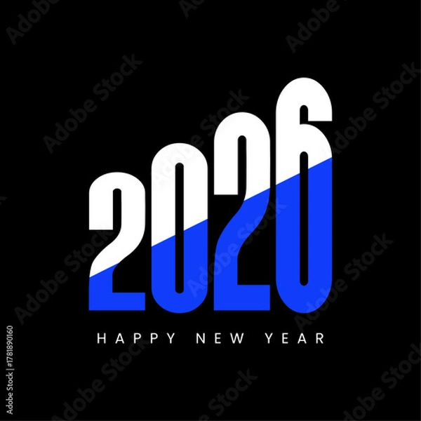 Fototapeta Happy New Year 2026 – Modern Typography Design with Blue & White Split Numbers on Black – Stylish Vector for Banners, Social Media & Celebration Graphics