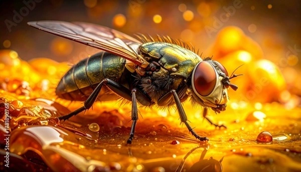 Fototapeta Extreme Macro Close Up of Fly on Golden Honey or Amber