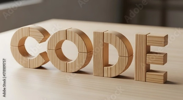 Fototapeta Wooden blocks spell CODE, representing creation and technology concepts