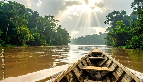 Fototapeta A scenic journey down a tranquil river through a dense tropical jungle, viewed from the bow of a traditional wooden canoe