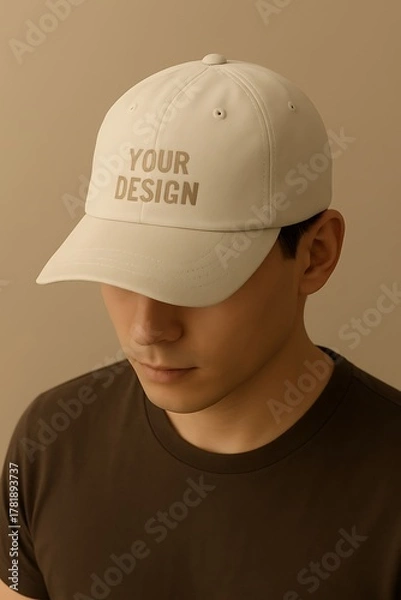 Fototapeta Premium baseball cap mockup featuring soft daylight tones, realistic texture, and perfect branding placement for fashion visuals.
