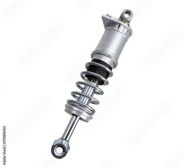 Obraz Highperformance shock absorber assembly details, Precision engineered chrome shock suspension system on transparent background