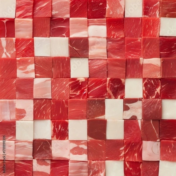 Obraz square cubes of meat in an array; carnivore background